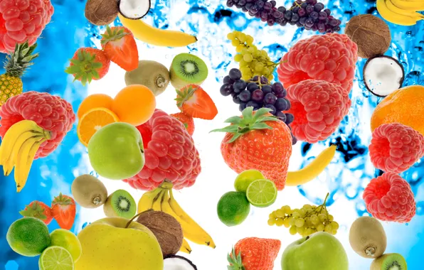 Вода, ягоды, малина, яблоки, кокос, киви, клубника, виноград