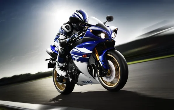 Картинка скорость, мотоциклист, Yamaha, front, ямаха, YZF-R1, спортивный мотоцикл