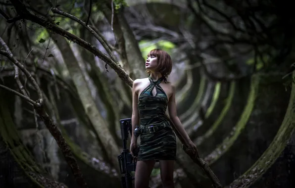 Девушка, оружие, граната, развалины, азиатка, штурмовая винтовка