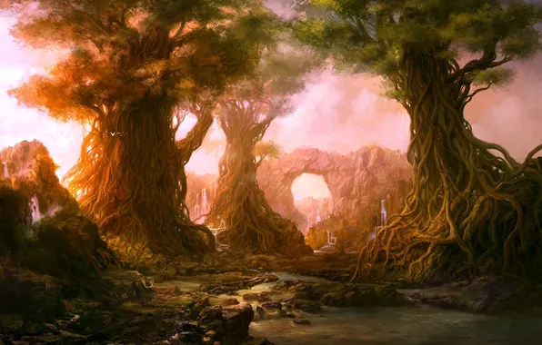 Картинка лес, деревья, закат, корни, река, арка, водопады