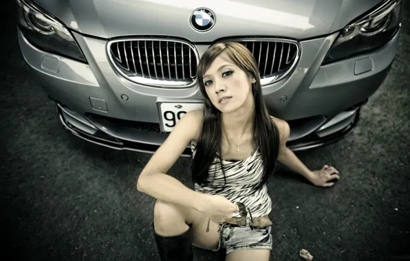 Девушка, BMW, азиатка, 5 series