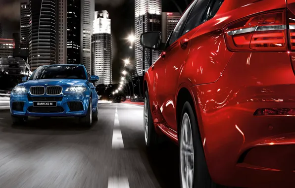 Дорога, синий, красный, город, БМВ, фонари, bmw x5, встречка