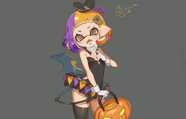 Хвост, декольте, корсет, серый фон, демонесса, halloween, witch, шляпа ведьмы