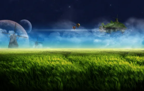 Картинка небо, облака, ночь, воздушные шары, фантазия, dream, планеты, мельница