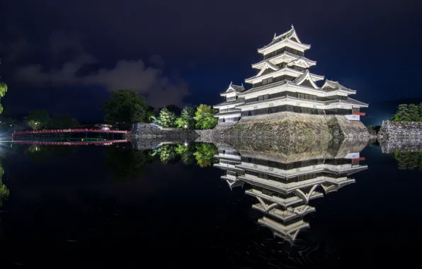 Картинка пейзаж, река, ночные огни, япония, храм