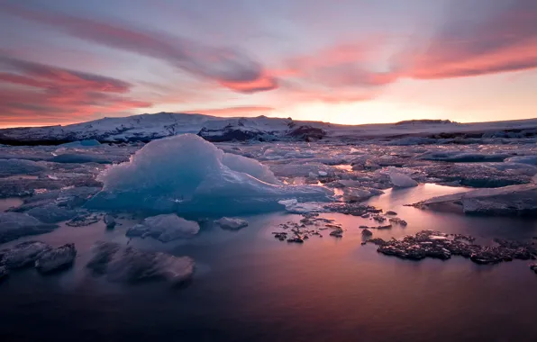 Картинка лед, снег, закат, вечер, Исландия