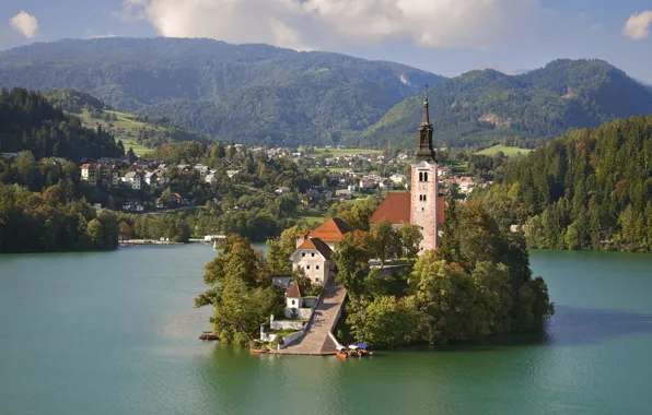 Город, озеро, церковь, Lake Bled, Slovenia