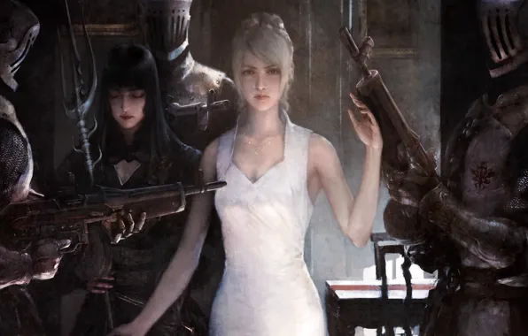 Girl, gun, game, Final Fantasy, armor, dress, weapon, woman