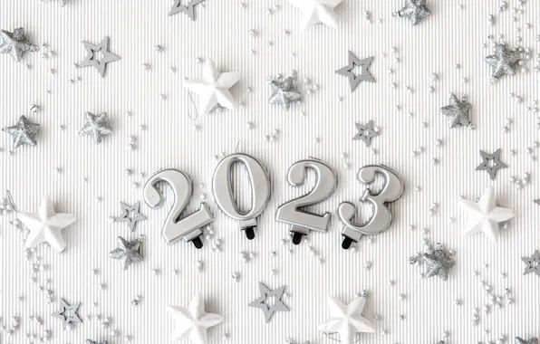 Цифры, белый фон, Новый год, звездочки, дата, 2023, Новый 2023 год