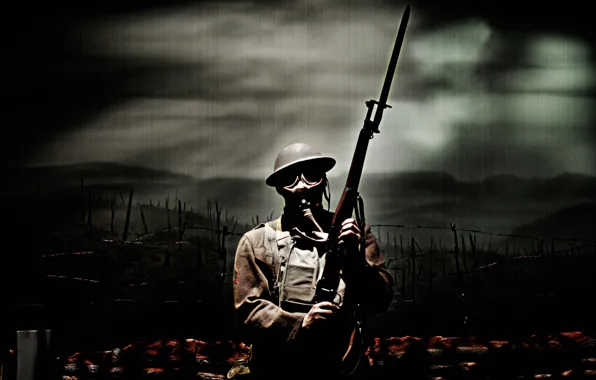 Картинка солдат, противогаз, винтовка, Первая мировая война, штык