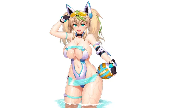 Girl, sexy, wet, cleavage, long hair, boobs, anime, water