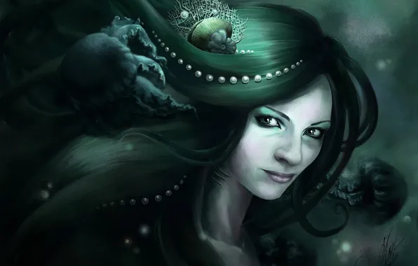 Картинка девушка, ракушка, арт, медузы, жемчуг, под водой