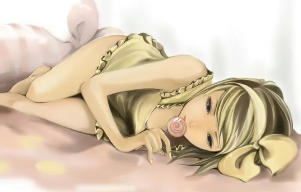 Девушка, постель, леденец, vocaloid, kagamine rin, вокалоид, лежа