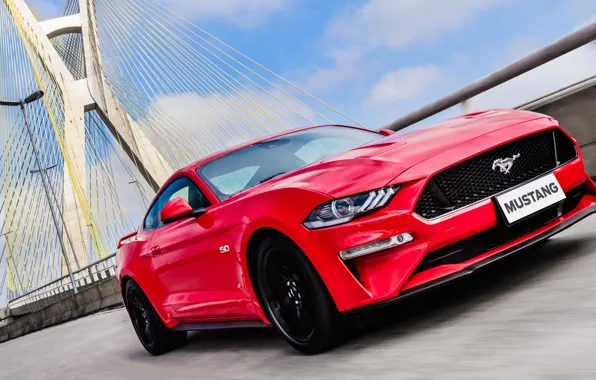 Красный, мост, скорость, Ford, Fastback, 2018, Mustang GT