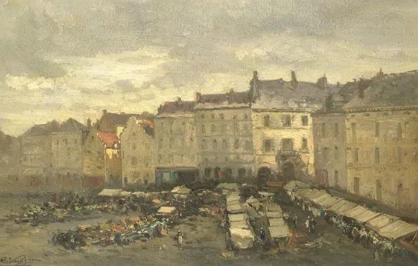 Масло, холст, городской пейзаж, 1875, Гильом Вогель, Guillaume Vogels, Песчаная Площадь в Брюсселе