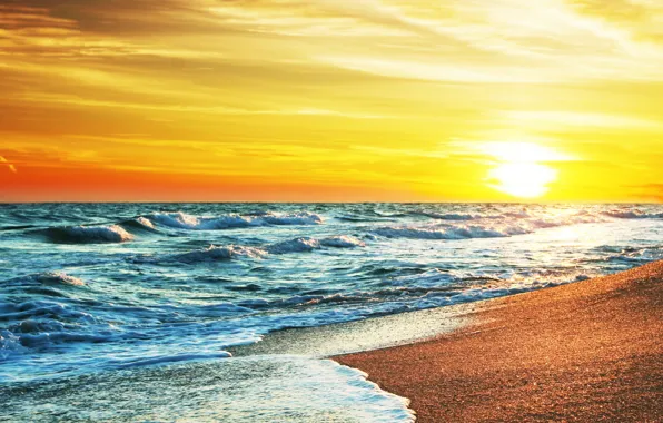 Картинка песок, море, пляж, небо, солнце, закат, берег, summer
