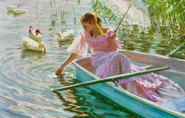 Картинка девушка, озеро, зонтик, лодка, Александр Аверин