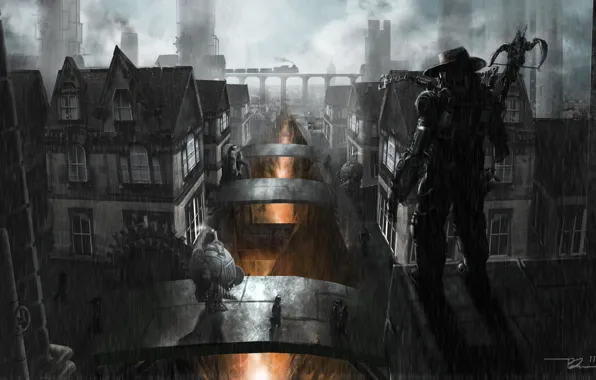 Картинка ночь, мост, трубы, город, оружие, поезд, робот, шляпа