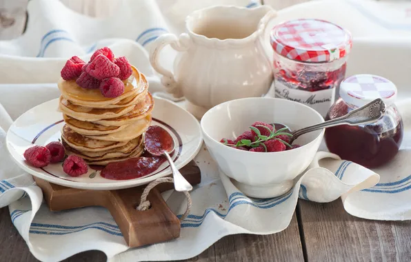 Картинка малина, варенье, raspberry, jam, блинчики, pancakes, Завтрак, Breakfast