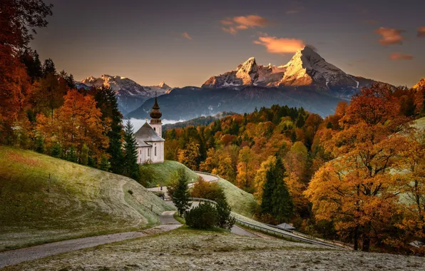 Картинка дорога, осень, лес, деревья, горы, Германия, Бавария, церковь