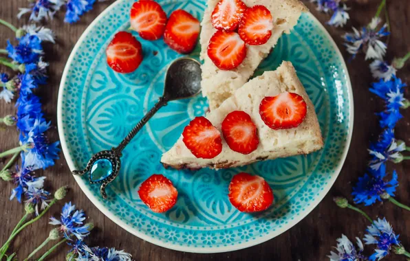 Цветы, клубника, пирог, десерт, выпечка, декор