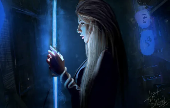 Девушка, Ночь, Неон, Лампа, Girl, Fantasy, Арт, Art