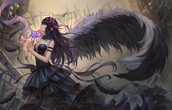 Картинка девушка, цветы, ленты, крылья, аниме, перья, арт, mahou shoujo madoka magica