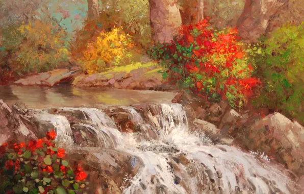 Картинка вода, деревья, река, водопад, арт, кусты