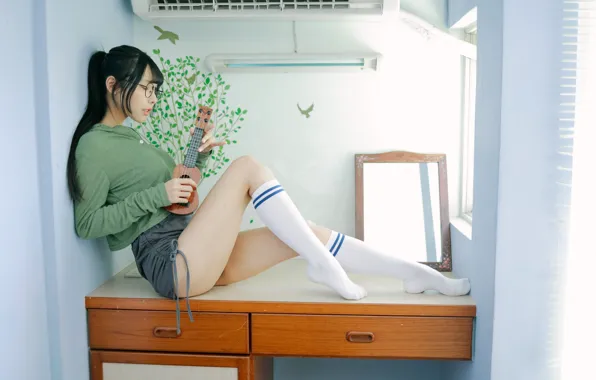 Asian, long hair, legs, ponytail, model, women, sitting, dark hair