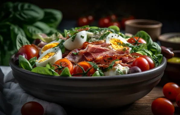 Картинка зелень, стол, еда, яйца, мясо, миска, помидоры, блюдо