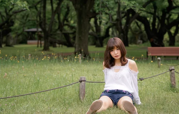 Girl, shorts, blouse, long hair, beautiful, pretty, garden, woods