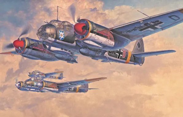 Картинка war, art, painting, aviation, ww2, german bomber, Junkers Ju 88