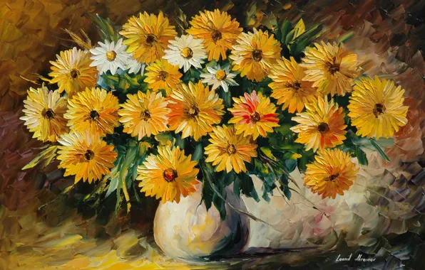 Картинка цветы, букет, ваза, живопись, Leonid Afremov
