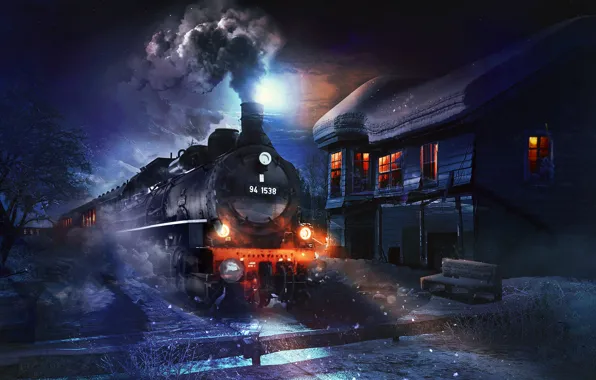 Картинка зима, снег, ночь, дом, паровоз, локомотив