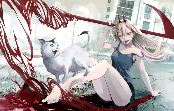 Кот, девушка, кровь, демон, коса, Power, Chainsaw Man, Meowy