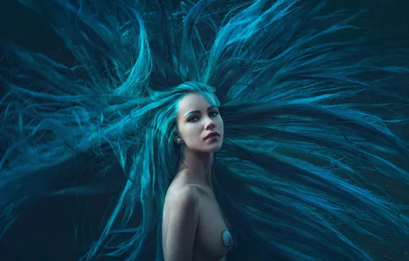 Грудь, девушка, стиль, русалка, ракушка, голубые волосы, косплей, Eva Wald