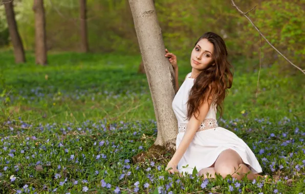 Girl, flower, brown hair, spring, cute