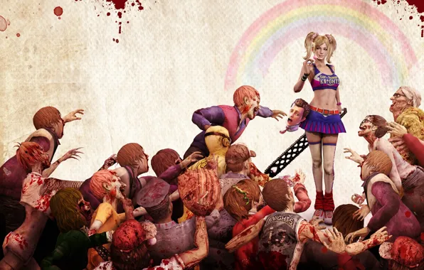 Картинка девушка, кровь, голова, зомби, электропила, Lollipop chainsaw