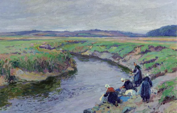 Пейзаж, картина, 1910, Paul Madeline, Пол Медлин, Прачки у Реки