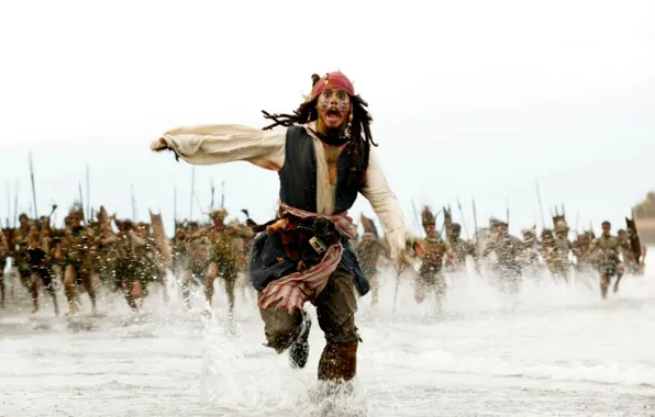 Картинка Johnny Depp, Море, Бег, Джек Воробей, Пираты Карибского моря, Аборигены