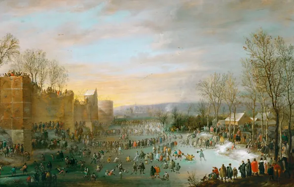 Картинка зима, пейзаж, город, люди, картина, катание, Skating in the Town Moat of Brussels, Robert van …