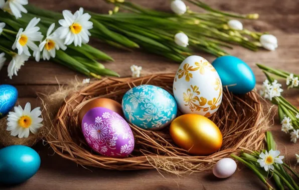 Картинка цветы, яйца, весна, colorful, Пасха, happy, flowers, spring
