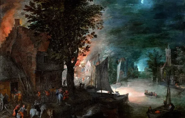 Картинка пейзаж, картина, Ян Брейгель младший, Пожар в Деревне