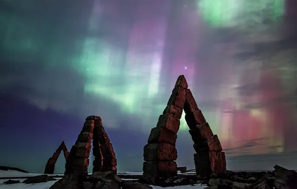 Звезды, северное сияние, Исландия, Arctic Henge, Raufarhöfn