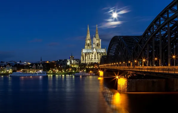 Ночь, мост, город, река, луна, Германия, освещение, церковь