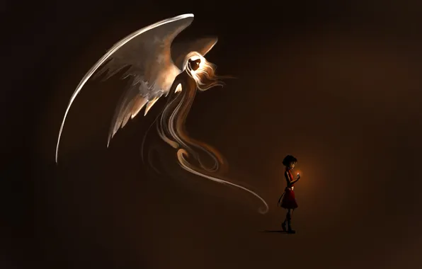 Картинка свет, фантастика, крылья, ангел, зажигалка, арт, девочка
