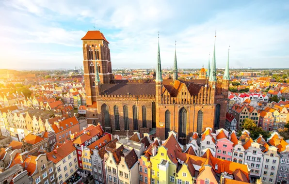 Закат, Деревья, Польша, Костел, Poland, Gdansk, Гданьск, Шпиль