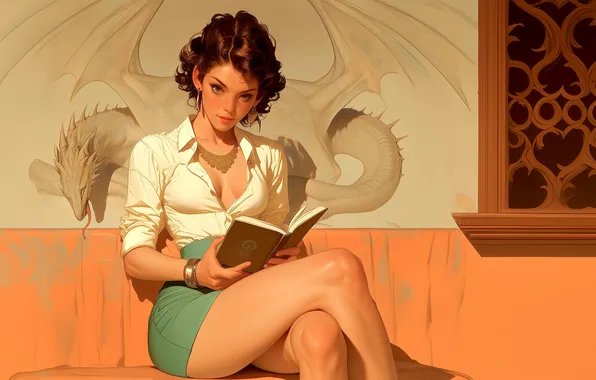 Girl, fantasy, cleavage, legs, dragon, brunette, book, digital art