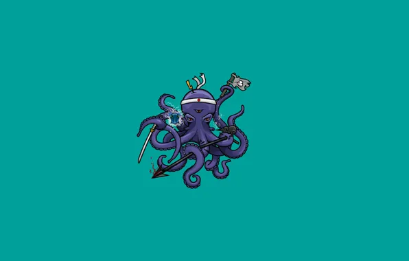 Минимализм, меч, флаг, осьминог, щупальца, повязка, копье, octopus
