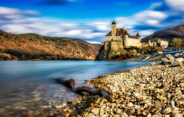 Картинка река, камни, замок, холмы, Австрия, Austria, Danube River, Schönbühel Castle